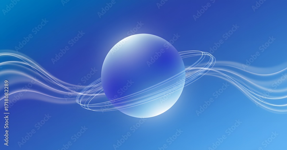 Poster abstract planet-like sphere in a modern setting. blue globe with a ring and flowing luminous waves. 