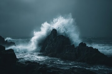 Dramatic Ocean Waves Crashing Against Dark Coastal Rocks