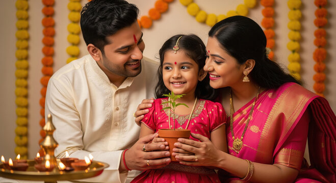 A happy Indian family sits together in festive traditional attire, holding a small potted plant and surrounded by marigold decorations and lamps, reflecting love and cultural bonding.