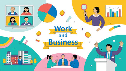 Vector art of work and business concepts illustrated with diverse people and activities