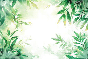 Fototapeta premium Watercolor Green Leaves Border with Soft Bokeh Effect and White Space for Text frame