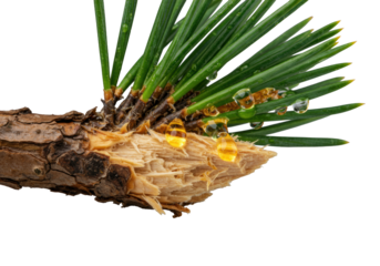 Evergreen pine branch with razor-sharp dew-kissed emerald green needles, golden viscous sap oozing from fractured pale wood, dark brown bark, on transparent background, macro photography. Pristine