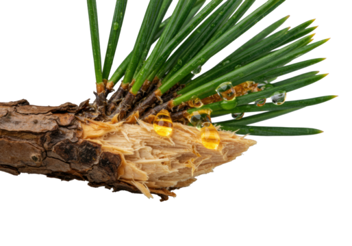 Evergreen pine branch with razor-sharp dew-kissed emerald green needles, golden viscous sap oozing from fractured pale wood, dark brown bark, on transparent background, macro photography. Pristine