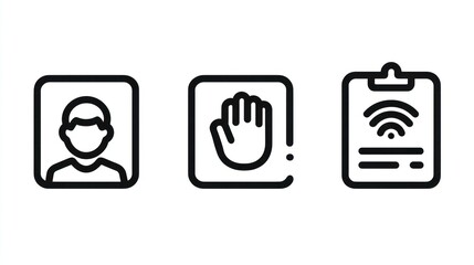 Black line icons of a person, hand, and connectivity displayed against a white backdrop