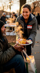 Volunteer sharing food on Thanksgiving Day