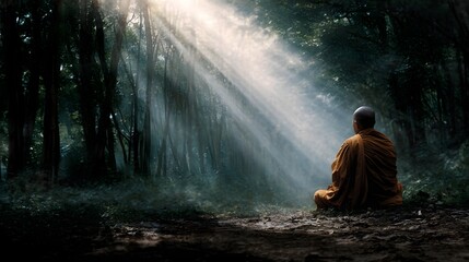 Obraz premium A monk in an orange robe meditates peacefully on a forest floor illuminated by ethereal sunbeams breaking through the trees