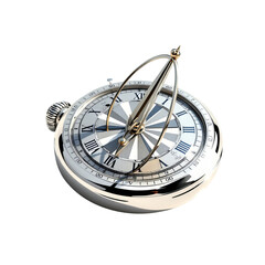 Elegant Pocket Watch with Sundial: Sundial watch on a white background, featuring intricate details, Roman numerals, and a built-in sundial.