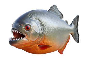 A predatory fish with sharp teeth and vibrant colors against a black background.