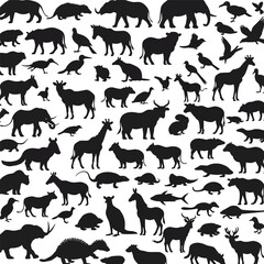 Seamless pattern of diverse black animal silhouettes.
