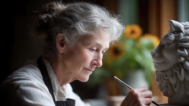 Sculptor Focuses on Artistic Moment of Lion Sculpture Creation