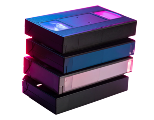  Close-Up Front View of Colorful VHS Stack with Fluorescent Neon Glow, Transparent Background