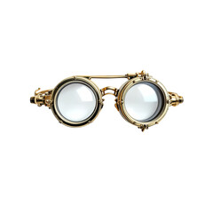 Steampunk Goggles: Brass monocle isolated on a white background. An extraordinary close-up showcases meticulously crafted steampunk goggles with intricate mechanical details.