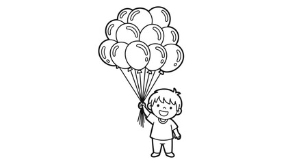 Happy Little Boy Holding a Large Bunch of Balloons, Isolated White Background