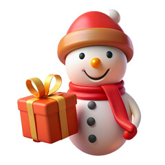 Cheerful snowman with gift isolated on a transparent background present holiday