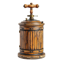 Vintage butter churn isolated on a white background. Vintage Cider Press: An evocative close-up of an antique, hand-operated cider press crafted from weathered wood and metal