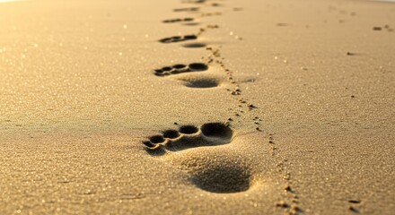 Human Footprints in Wet Beach Sand  Detailed Close-Up Under Natural Sunlight