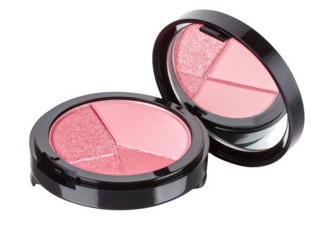 Close-Up of Pink Glitter Cream Blush in Glossy Round Container on Shiny Reflective Surface