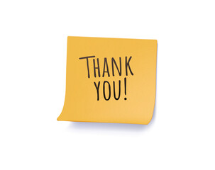 Thank you written on turquoise post it note on wall. Stickers attached tape. Color sheet of note paper with curled corner, thank you message. 3D vector illustration