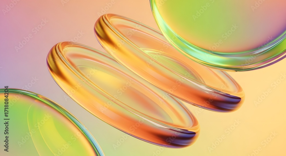 Poster abstract colorful fluid rings with a transparent, glass-like effect. glossy iridescent objects float