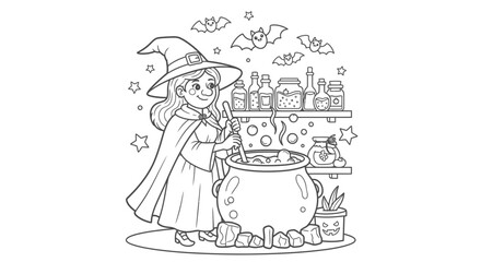 Mysterious Cartoon Witch Brewing Potion in Cauldron with Bats and Bottles, Isolated White Background