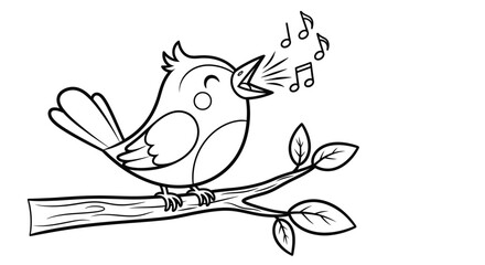 Joyful Cartoon Bird Singing on a Tree Branch with Musical Notes, Isolated White Background