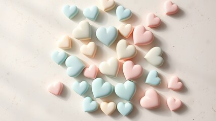 Vibrant Confectionery Assortment: Colorful Heart Candy and Pastel Bubbles