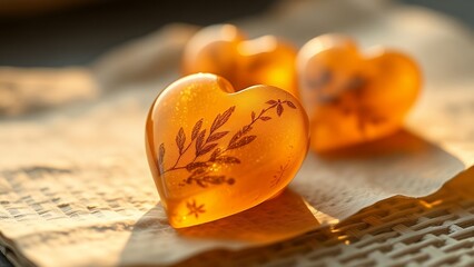 Heartwarming Amber Heart Sculptures Against a Soft-focus Backdrop