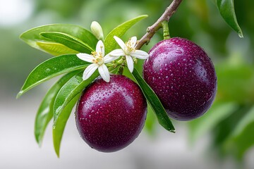 Fresh Purple Fruit on Branch with Green Leaves and White Blossoms in Natural Setting