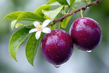 Fresh Purple Cherries Hanging on Branch with Green Leaves and White Bloom in Dewy Morning