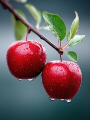 Red Cherries on Branch with Green Leaves Fresh Water Droplets Close-up