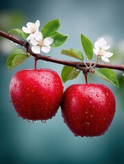 Fresh Red Apples Hanging on Branch with Blossoms in Dewy Morning Light