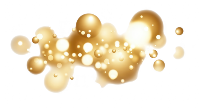 Abstract golden fluid blob with glowing particles on black background
