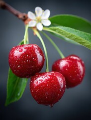 Fresh Red Cherries with Water Droplets on Green Leaves in Natural Setting