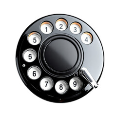 Rotary phone dial plate on a white background. Classic Rotary Dial: A close-up shot of an antique black rotary dial telephone, an icon of communication's evolution