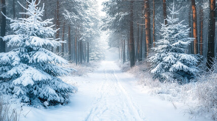 snowy pathway through a pine forest in winter