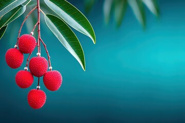 Red Lychee Fruits Hanging From Green Leafed Branch in Natural Setting