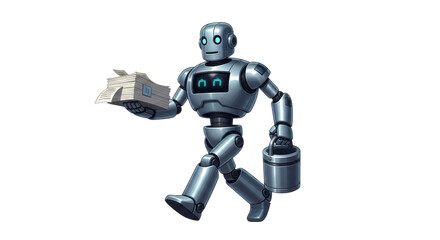 Futuristic robot carrying papers and paint bucket, a symbol of automation in various tasks, reflecting efficiency and modern technology solutions