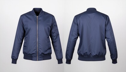 Navy Blue Bomber Jacket Front and Back View on White Background