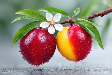 Fresh Red and Yellow Apples on Branch with Water Droplets and Green Leaves