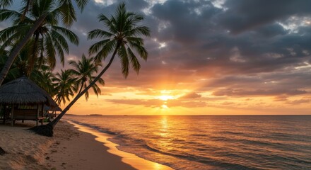 Fototapeta premium Tropical Sunset on a Serene Palm Beach with Golden Glow and Rustic Huts