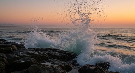 Ocean Wave Crashing on Rugged Rocks at Sunrise with Misty Horizon and Vibrant Sky Reflections