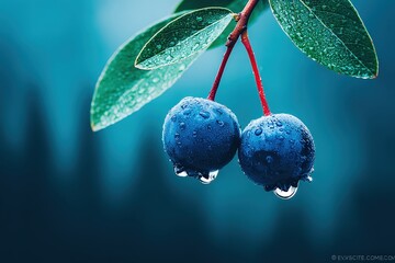 Blue Berries on Branch with Dew Drops and Green Leaves in Natural Light