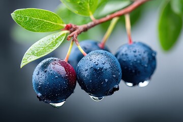 Fresh Blueberry Cluster with Dew Drops and Green Leaves on Branch in Close Up
