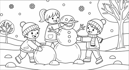 Three Happy Kids Building a Snowman Outdoors in a Winter Wonderland on Isolated White Background