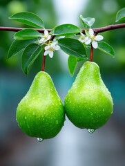 Fresh Green Pears Hanging From Branch with Water Droplets and Blossoms on Tree