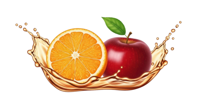 Juicy splash of fresh orange and red apple with refreshing liquid for vibrant beverage advertising and healthy product promotion