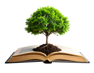 Front Close-Up of Tiny Green Tree Emerging from Open Book on Wooden Tabletop, Transparent Background