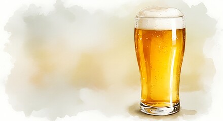 Glass of golden beer with foamy head and bubbles. Delicious cold beverage art for celebration or craft beverage menu design.