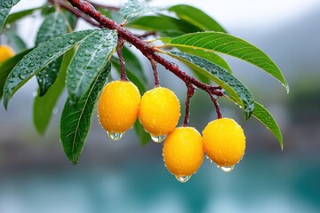 Fresh Yellow Loquat Fruits on Green Leafy Tree Branch in Rain