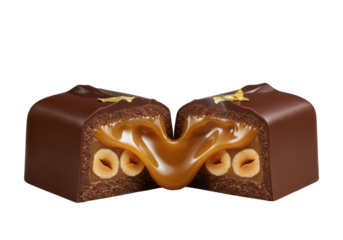 Pristine, decadent chocolate caramel bar cut in half, revealing oozing molten caramel, crunchy hazelnuts, dark chocolate, gold leaf, steam on transparent, luxurious dessert indulgence